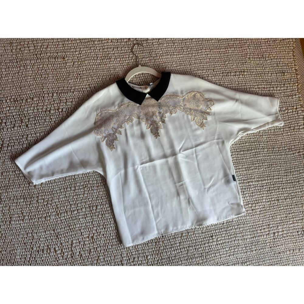Cop Copine Paris White Blouse with Embroidered Lace Mesh Overlay Collar Top S - Picture 2 of 10